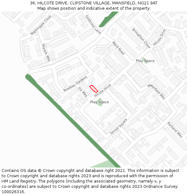 36, HILCOTE DRIVE, CLIPSTONE VILLAGE, MANSFIELD, NG21 9AT: Location map and indicative extent of plot