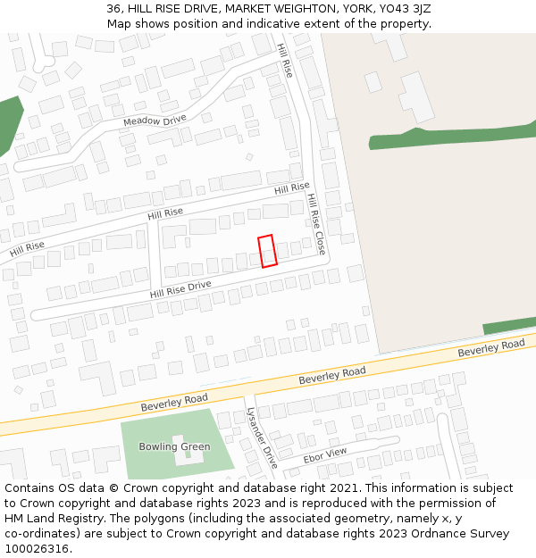 36, HILL RISE DRIVE, MARKET WEIGHTON, YORK, YO43 3JZ: Location map and indicative extent of plot