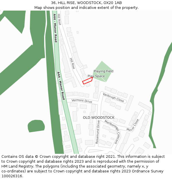 36, HILL RISE, WOODSTOCK, OX20 1AB: Location map and indicative extent of plot