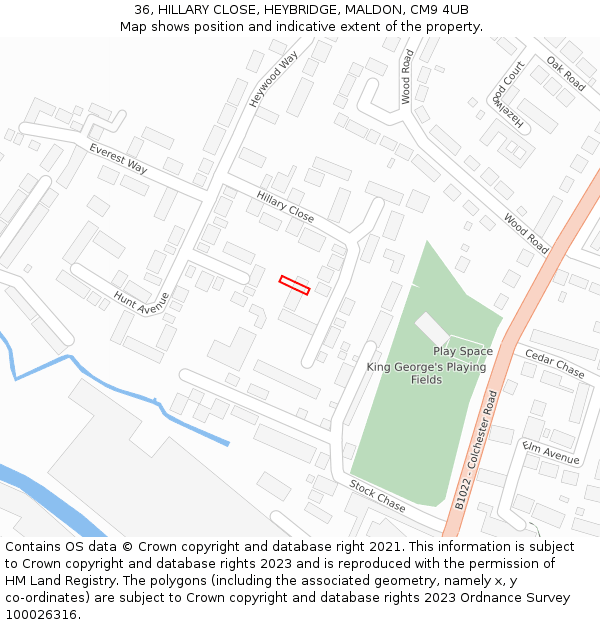 36, HILLARY CLOSE, HEYBRIDGE, MALDON, CM9 4UB: Location map and indicative extent of plot
