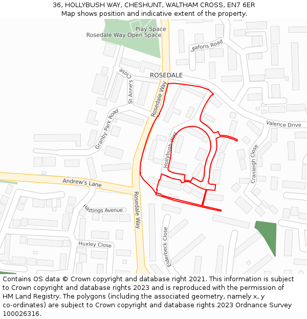 36, HOLLYBUSH WAY, CHESHUNT, WALTHAM CROSS, EN7 6ER: Location map and indicative extent of plot