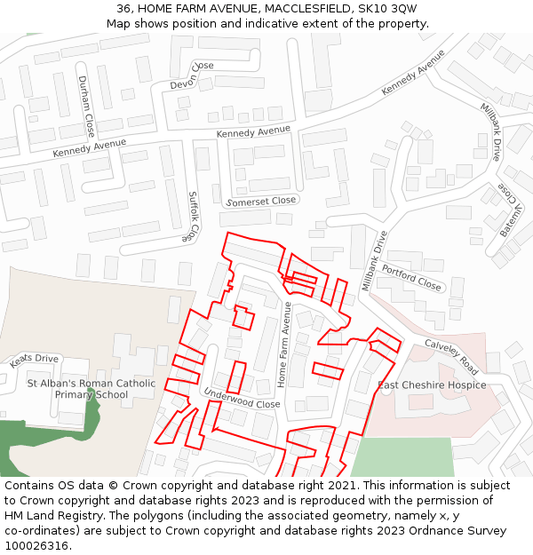 36, HOME FARM AVENUE, MACCLESFIELD, SK10 3QW: Location map and indicative extent of plot