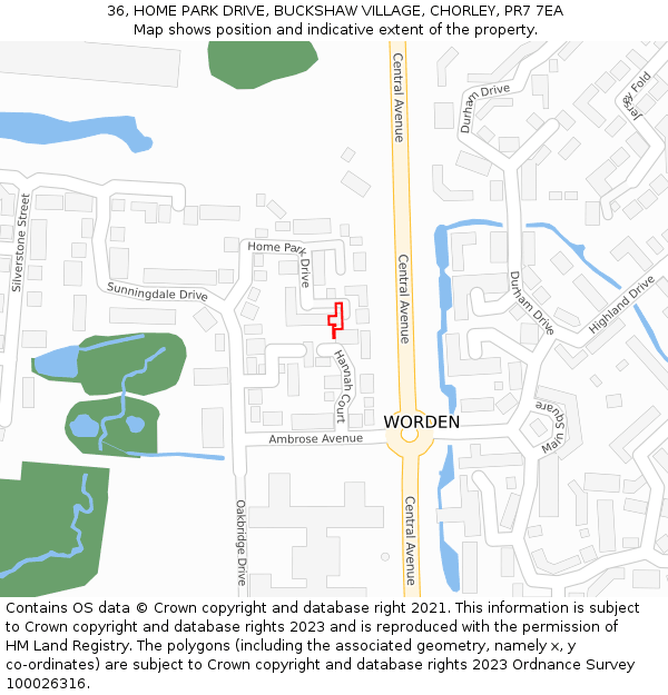 36, HOME PARK DRIVE, BUCKSHAW VILLAGE, CHORLEY, PR7 7EA: Location map and indicative extent of plot