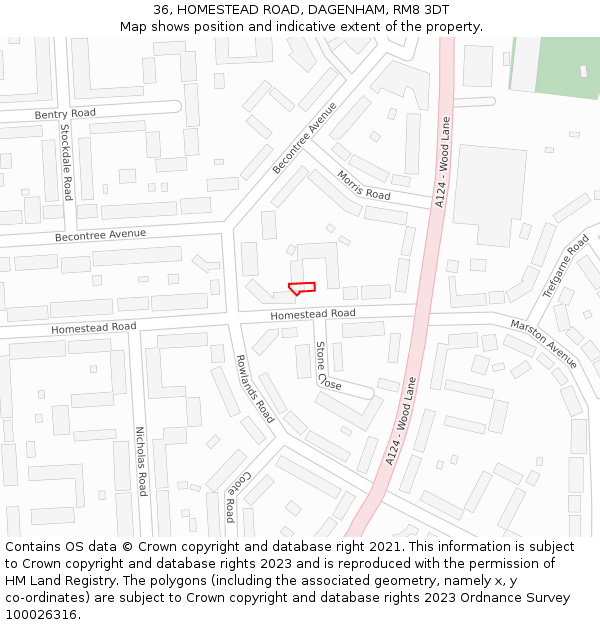36, HOMESTEAD ROAD, DAGENHAM, RM8 3DT: Location map and indicative extent of plot