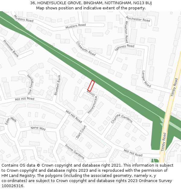 36, HONEYSUCKLE GROVE, BINGHAM, NOTTINGHAM, NG13 8UJ: Location map and indicative extent of plot
