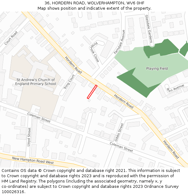 36, HORDERN ROAD, WOLVERHAMPTON, WV6 0HF: Location map and indicative extent of plot
