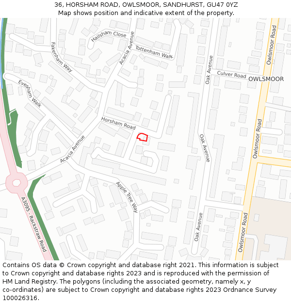 36, HORSHAM ROAD, OWLSMOOR, SANDHURST, GU47 0YZ: Location map and indicative extent of plot