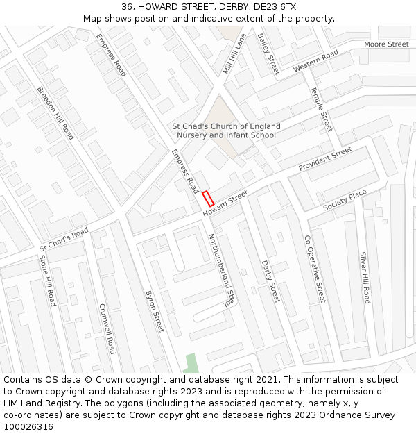 36, HOWARD STREET, DERBY, DE23 6TX: Location map and indicative extent of plot