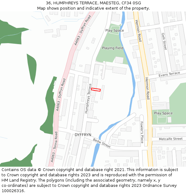36, HUMPHREYS TERRACE, MAESTEG, CF34 0SG: Location map and indicative extent of plot