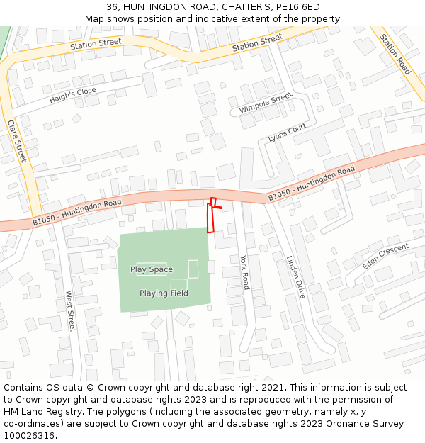 36, HUNTINGDON ROAD, CHATTERIS, PE16 6ED: Location map and indicative extent of plot