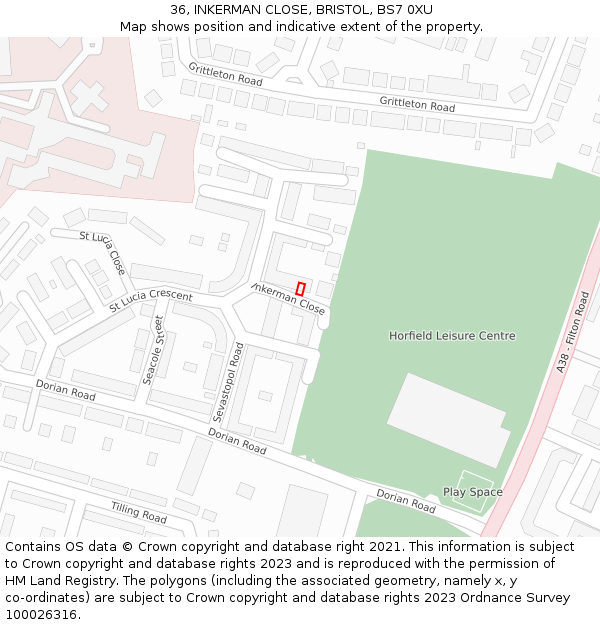 36, INKERMAN CLOSE, BRISTOL, BS7 0XU: Location map and indicative extent of plot