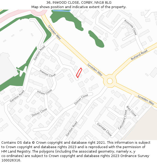 36, INWOOD CLOSE, CORBY, NN18 8LG: Location map and indicative extent of plot