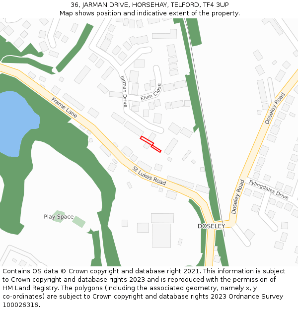 36, JARMAN DRIVE, HORSEHAY, TELFORD, TF4 3UP: Location map and indicative extent of plot