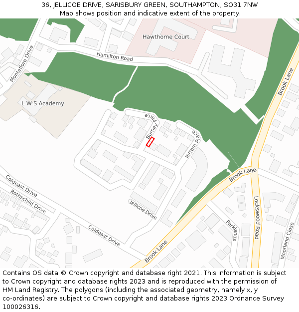 36, JELLICOE DRIVE, SARISBURY GREEN, SOUTHAMPTON, SO31 7NW: Location map and indicative extent of plot