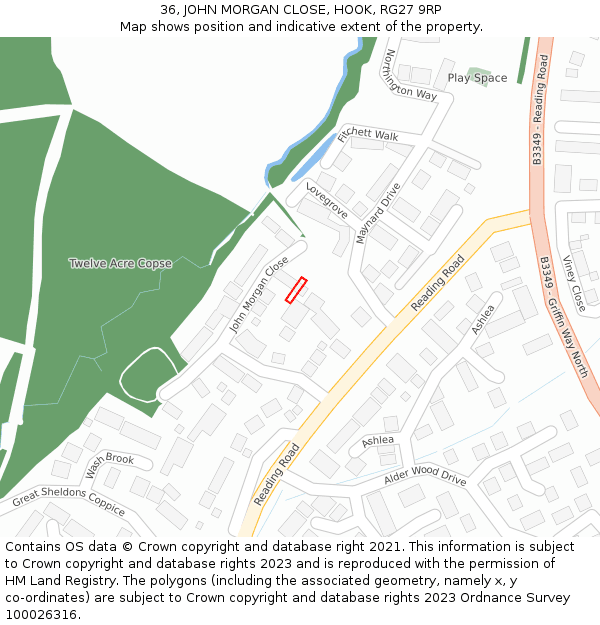 36, JOHN MORGAN CLOSE, HOOK, RG27 9RP: Location map and indicative extent of plot