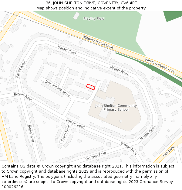 36, JOHN SHELTON DRIVE, COVENTRY, CV6 4PE: Location map and indicative extent of plot