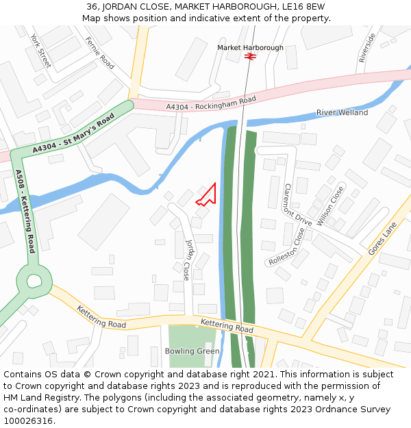 36, JORDAN CLOSE, MARKET HARBOROUGH, LE16 8EW: Location map and indicative extent of plot
