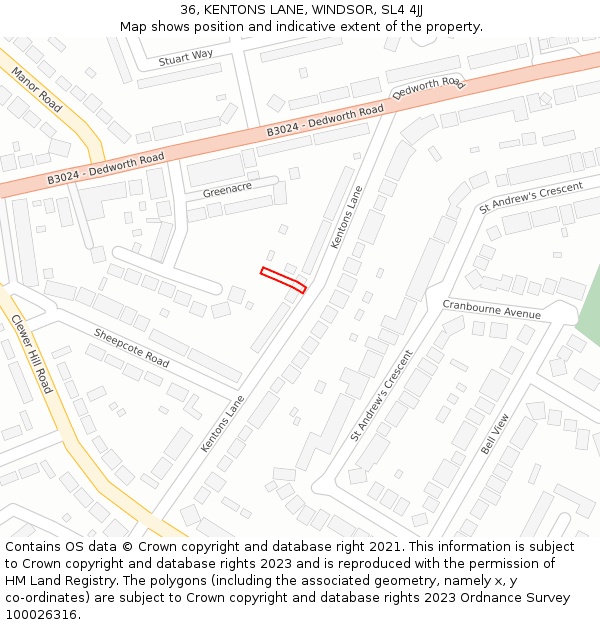 36, KENTONS LANE, WINDSOR, SL4 4JJ: Location map and indicative extent of plot