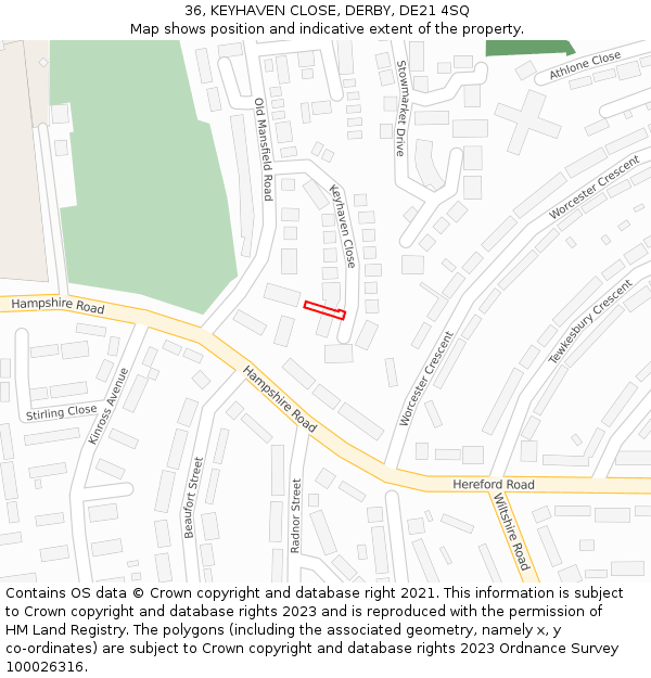36, KEYHAVEN CLOSE, DERBY, DE21 4SQ: Location map and indicative extent of plot