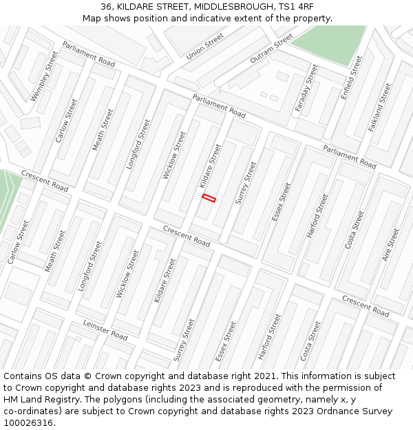 36, KILDARE STREET, MIDDLESBROUGH, TS1 4RF: Location map and indicative extent of plot