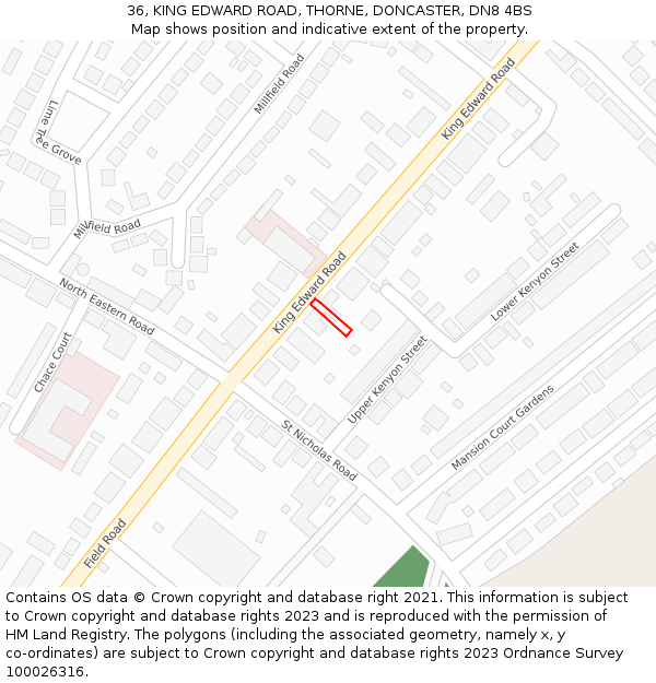 36, KING EDWARD ROAD, THORNE, DONCASTER, DN8 4BS: Location map and indicative extent of plot