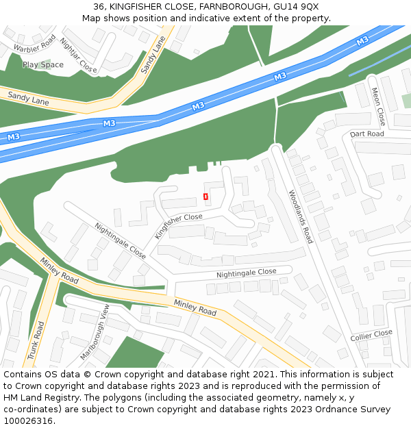 36, KINGFISHER CLOSE, FARNBOROUGH, GU14 9QX: Location map and indicative extent of plot