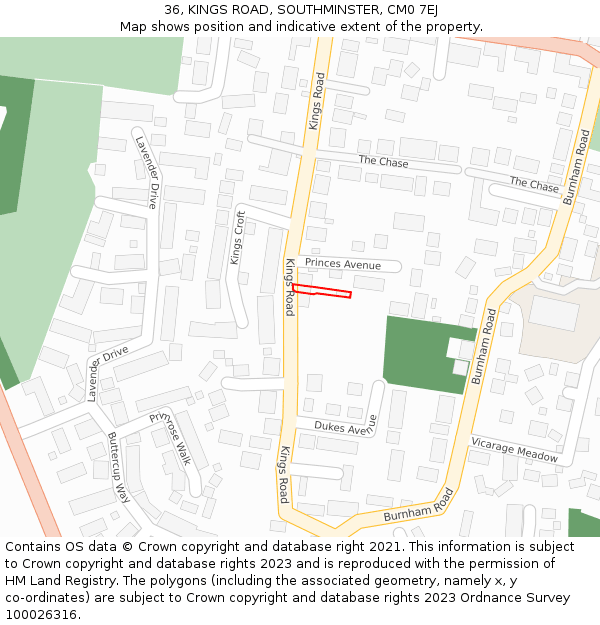 36, KINGS ROAD, SOUTHMINSTER, CM0 7EJ: Location map and indicative extent of plot