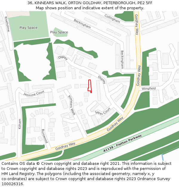 36, KINNEARS WALK, ORTON GOLDHAY, PETERBOROUGH, PE2 5FF: Location map and indicative extent of plot