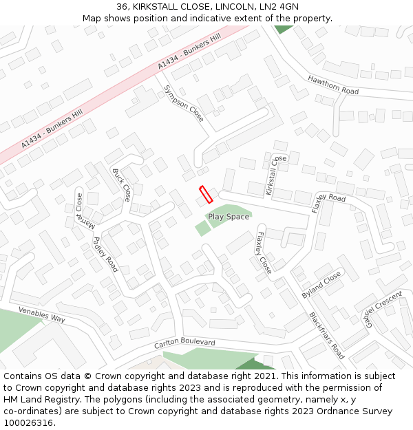 36, KIRKSTALL CLOSE, LINCOLN, LN2 4GN: Location map and indicative extent of plot