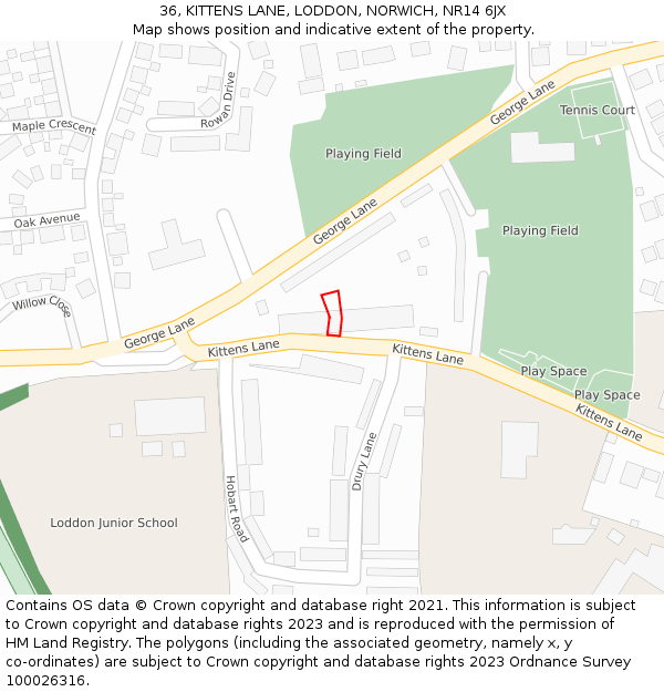36, KITTENS LANE, LODDON, NORWICH, NR14 6JX: Location map and indicative extent of plot