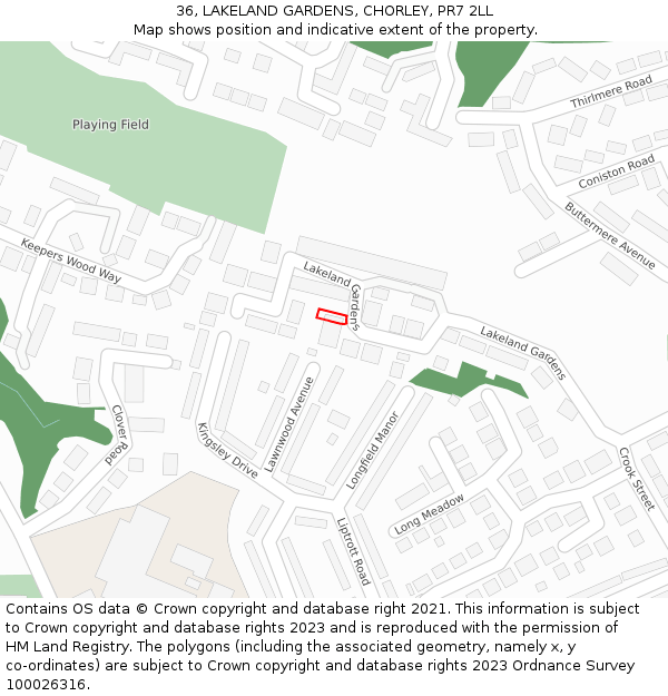 36, LAKELAND GARDENS, CHORLEY, PR7 2LL: Location map and indicative extent of plot