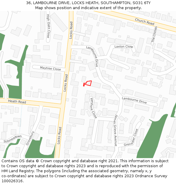 36, LAMBOURNE DRIVE, LOCKS HEATH, SOUTHAMPTON, SO31 6TY: Location map and indicative extent of plot