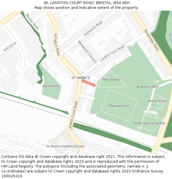 36, LANGTON COURT ROAD, BRISTOL, BS4 4EH: Location map and indicative extent of plot