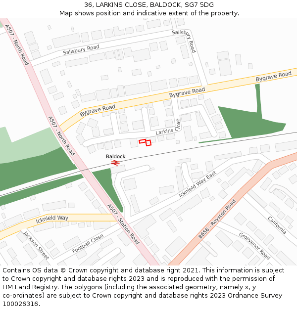 36, LARKINS CLOSE, BALDOCK, SG7 5DG: Location map and indicative extent of plot