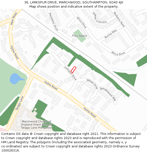 36, LARKSPUR DRIVE, MARCHWOOD, SOUTHAMPTON, SO40 4JX: Location map and indicative extent of plot