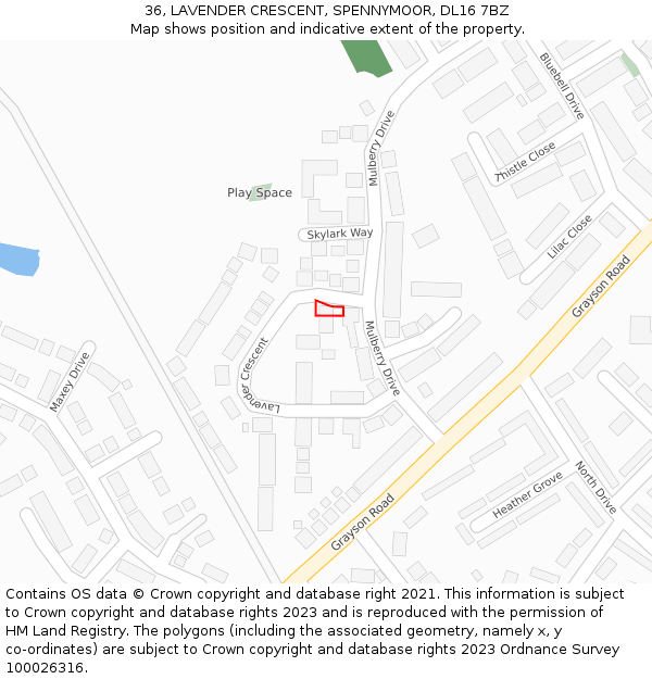 36, LAVENDER CRESCENT, SPENNYMOOR, DL16 7BZ: Location map and indicative extent of plot