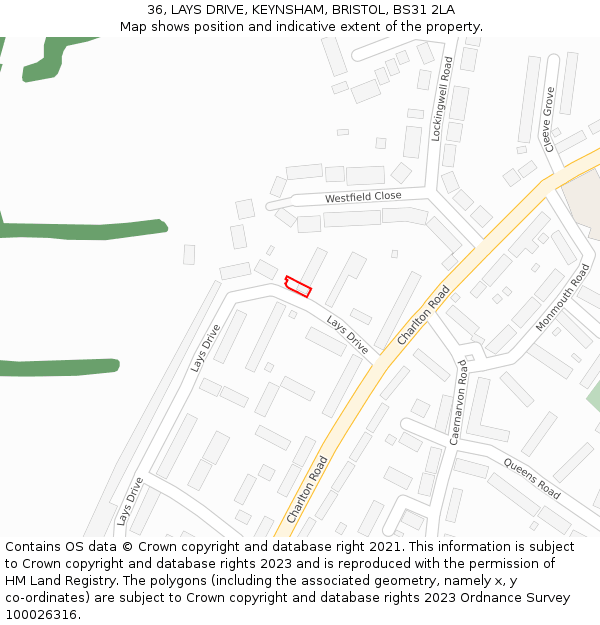 36, LAYS DRIVE, KEYNSHAM, BRISTOL, BS31 2LA: Location map and indicative extent of plot