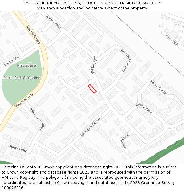 36, LEATHERHEAD GARDENS, HEDGE END, SOUTHAMPTON, SO30 2TY: Location map and indicative extent of plot