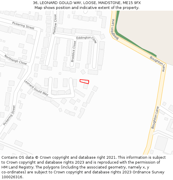 36, LEONARD GOULD WAY, LOOSE, MAIDSTONE, ME15 9FX: Location map and indicative extent of plot