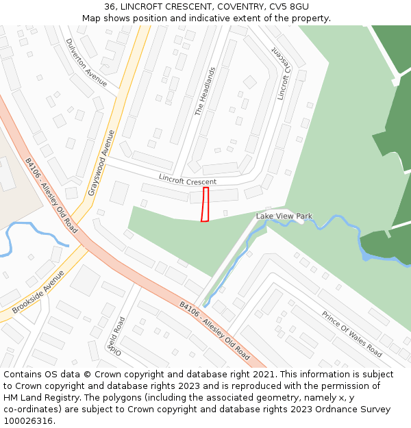 36, LINCROFT CRESCENT, COVENTRY, CV5 8GU: Location map and indicative extent of plot