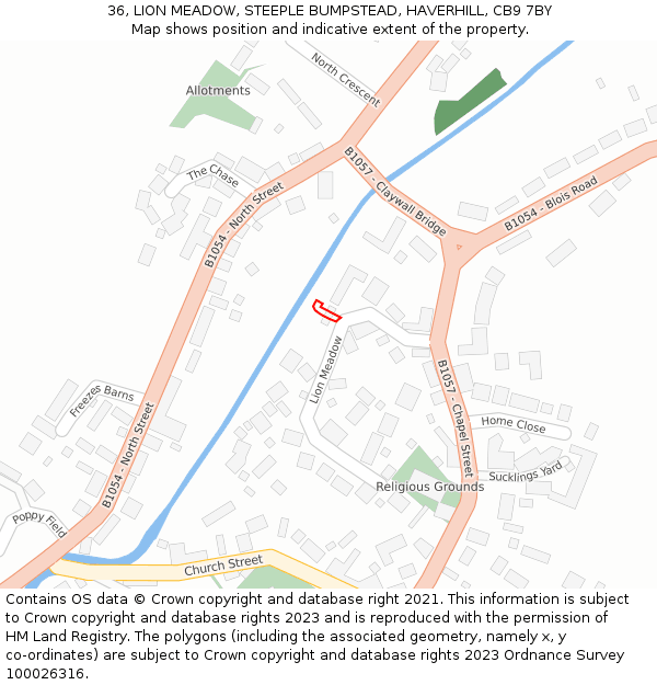 36, LION MEADOW, STEEPLE BUMPSTEAD, HAVERHILL, CB9 7BY: Location map and indicative extent of plot