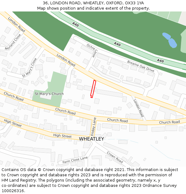36, LONDON ROAD, WHEATLEY, OXFORD, OX33 1YA: Location map and indicative extent of plot