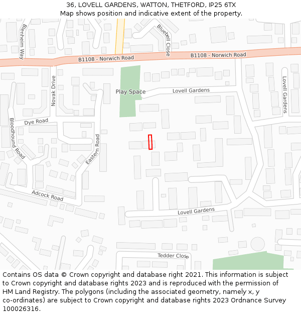 36, LOVELL GARDENS, WATTON, THETFORD, IP25 6TX: Location map and indicative extent of plot