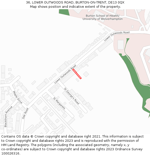 36, LOWER OUTWOODS ROAD, BURTON-ON-TRENT, DE13 0QX: Location map and indicative extent of plot