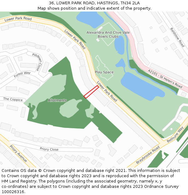 36, LOWER PARK ROAD, HASTINGS, TN34 2LA: Location map and indicative extent of plot