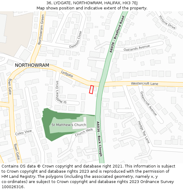 36, LYDGATE, NORTHOWRAM, HALIFAX, HX3 7EJ: Location map and indicative extent of plot