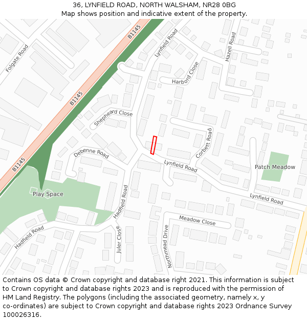 36, LYNFIELD ROAD, NORTH WALSHAM, NR28 0BG: Location map and indicative extent of plot