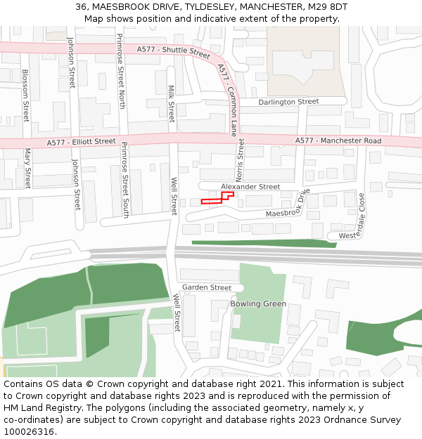 36, MAESBROOK DRIVE, TYLDESLEY, MANCHESTER, M29 8DT: Location map and indicative extent of plot