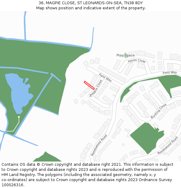 36, MAGPIE CLOSE, ST LEONARDS-ON-SEA, TN38 8DY: Location map and indicative extent of plot