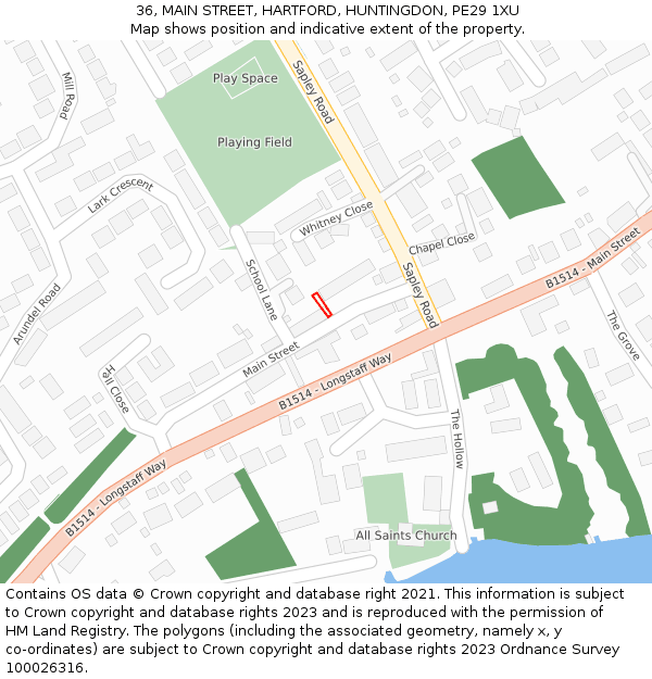 36, MAIN STREET, HARTFORD, HUNTINGDON, PE29 1XU: Location map and indicative extent of plot